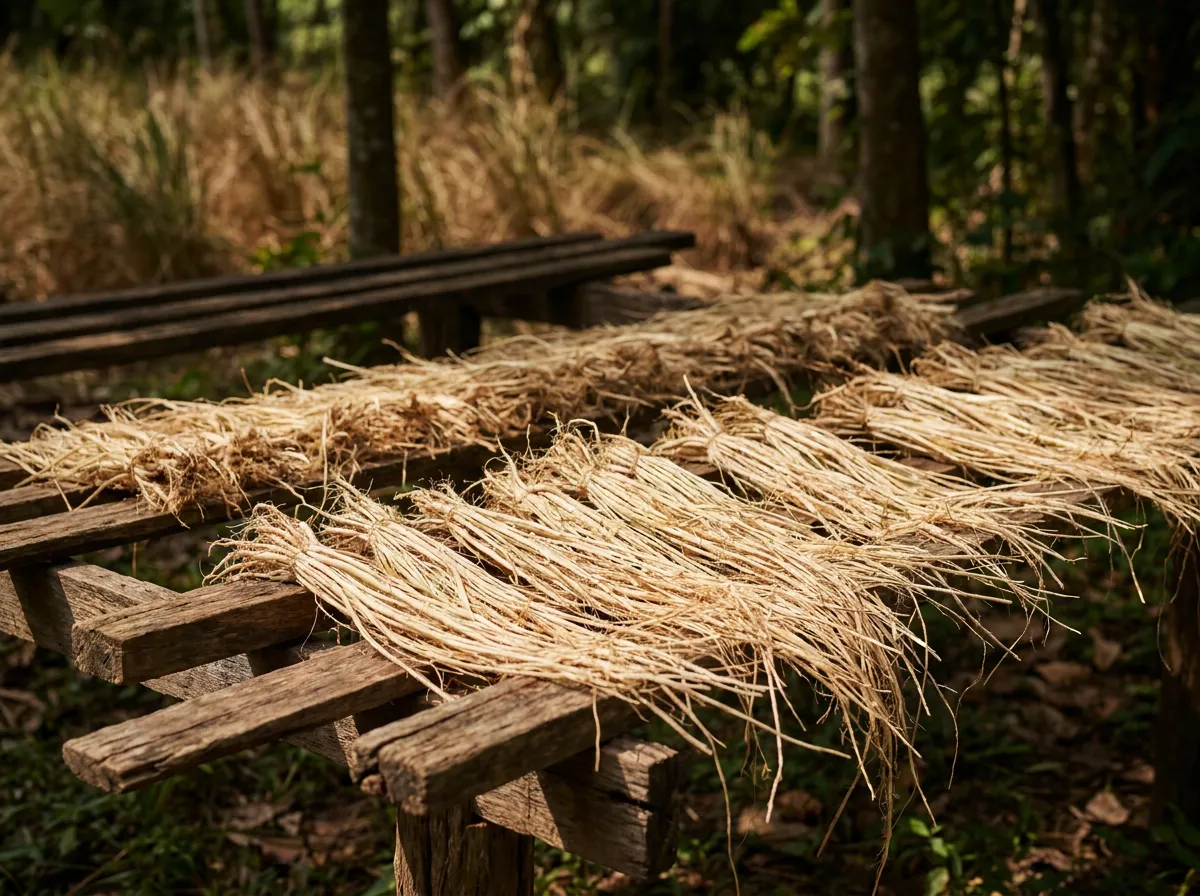 Washed vetiver roots spread to dry in open air on wooden racks in dappled shade