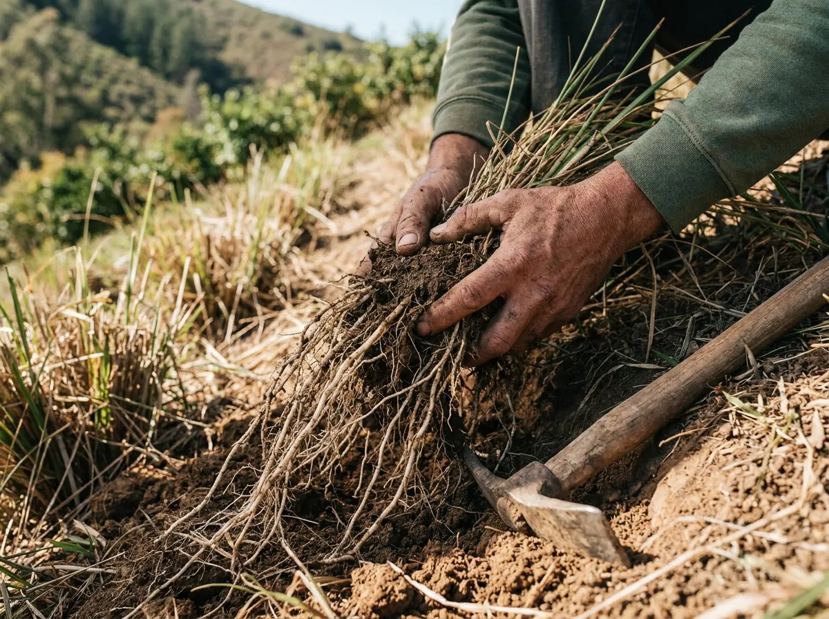 Hands lifting an intact clump of vetiver roots from hillside soil with a hand pick