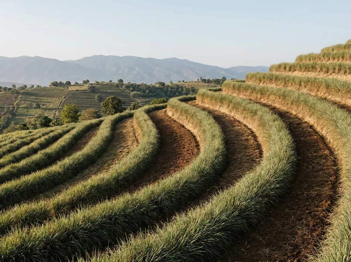 Contour hedgerows of vetiver grass running across a steep Haitian hillside as erosion barriers