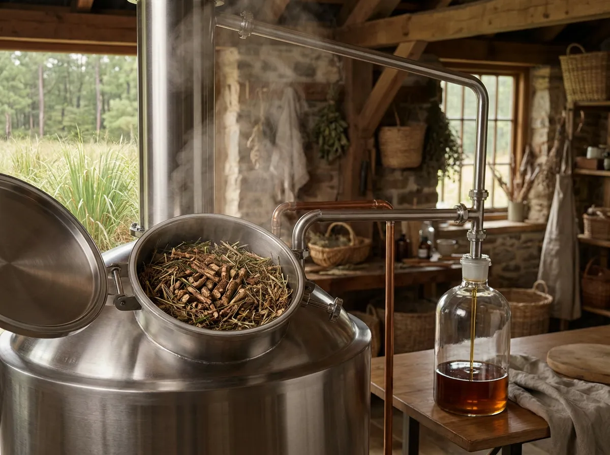 Stainless steel steam still in a rural workshop with chopped vetiver roots and a glass receiver of amber oil